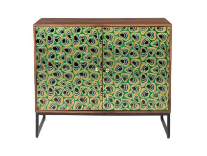 Zelená mangová komoda DUTCHBONE Meena s pavím vzorem 95 x 40 cm