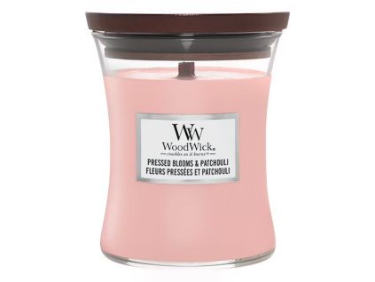 Střední vonná svíčka Woodwick, Pressend Blooms & Patchouli