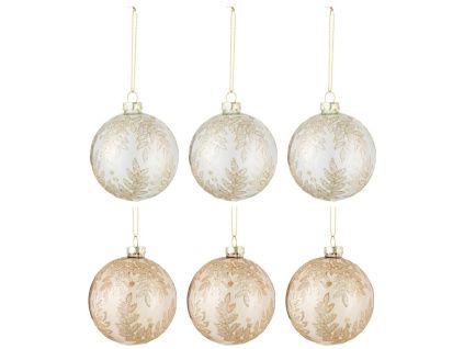 Set šesti bílých/zlatých skleněných vánočních ozdob J-Line Nylah 8,5 cm
