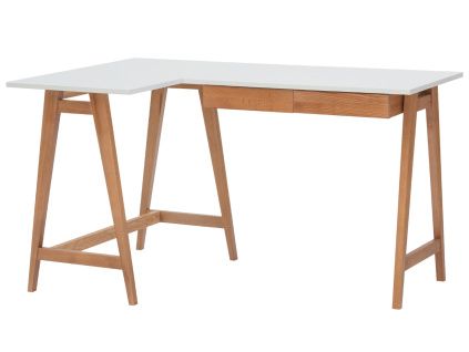Bílý lakovaný rohový pracovní stůl RAGABA LUKA 135 x 85 cm s dubovou podnoží, levý