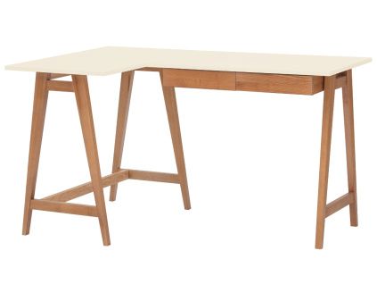 Krémově bílý lakovaný rohový pracovní stůl RAGABA LUKA 135 x 85 cm s dubovou podnoží, levý
