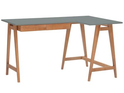 Šedý lakovaný rohový pracovní stůl RAGABA LUKA 135 x 85 cm s dubovou podnoží, pravý