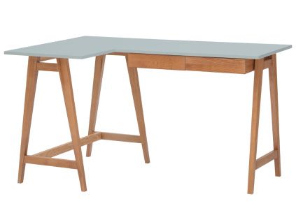 Světle šedý lakovaný rohový pracovní stůl RAGABA LUKA 135 x 85 cm s dubovou podnoží, levý