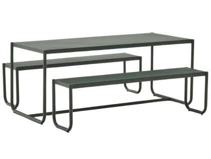 Tmavě zelený kovový zahradní set stolu a lavic Kave Home Sotil