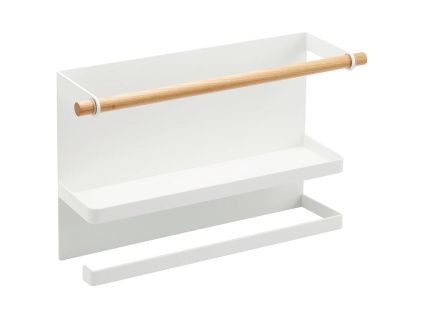 Bílý kovový magnetický držák na roli kuchyňských utěrek Yamazaki Tosca 32 cm s poličkou