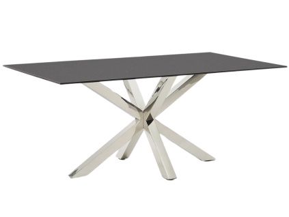 Matně černý skleněný jídelní stůl Kave Home Argo 180 x 100 cm s nerezovou podnoží