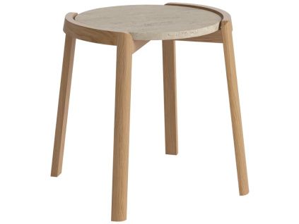 Béžový kamenný odkládací stolek Mix 46 cm s dubovou podnoží