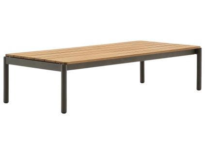 Dřevěný zahradní konferenční stolek Kave Home Sorells 149,2 x 63 cm se zelenou podnoží