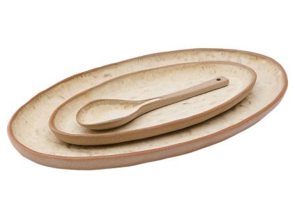 Set dvou béžových keramických talířů a lžíce Kave Home Zunel