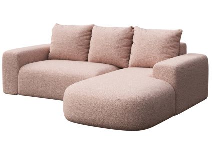 Růžová bouclé rohová pohovka Monce 255 cm, pravá