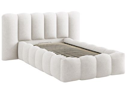 Bílá bouclé jednolůžková postel Micadoni Lupine 90 x 200 cm s úložným prostorem