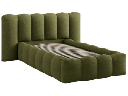 Zelená bouclé jednolůžková postel Micadoni Lupine 90 x 200 cm s úložným prostorem