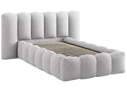 Světle šedá bouclé jednolůžková postel Micadoni Lupine 90 x 200 cm s úložným prostorem
