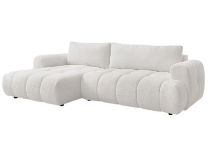 Bílá bouclé rohová rozkládací pohovka Fuji 292 cm, levá