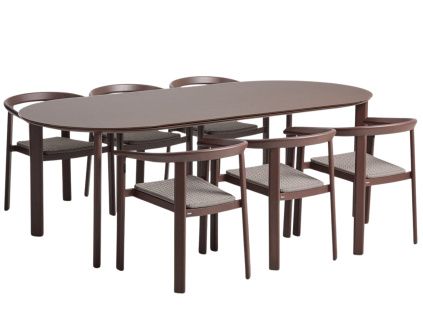 Hnědý zahradní set stolu a šesti židlí kave home Erice