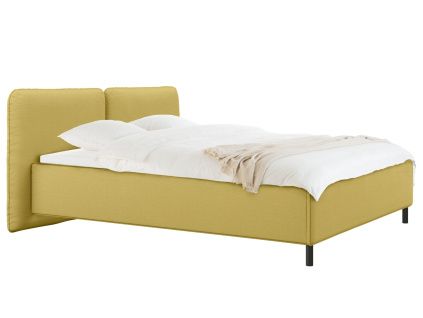 Žlutá čalouněná dvoulůžková postel Melu 160 x 200 cm s úložným prostorem