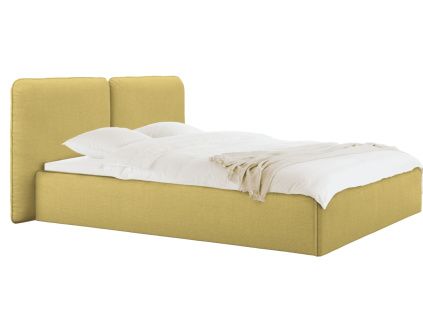 Žlutá čalouněná dvoulůžková postel Melu 160 x 200 cm s úložným prostorem