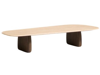 Béžový travertinový konferenční stolek Kave Home Pirita 147 x 65 cm s tmavou podnoží