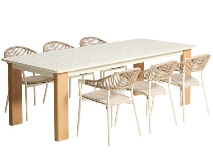Krémový zahradní set rozkládacího stolu Kave Home Livorno a šesti židlí Kave Home Alimia