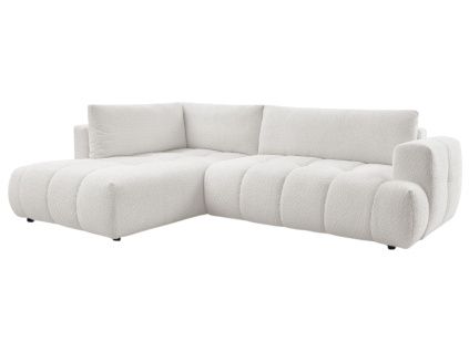 Bílá bouclé rohová rozkládací pohovka Fuji 282 cm, levá