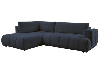 Tmavě modrá bouclé rohová rozkládací pohovka Fuji 282 cm, levá