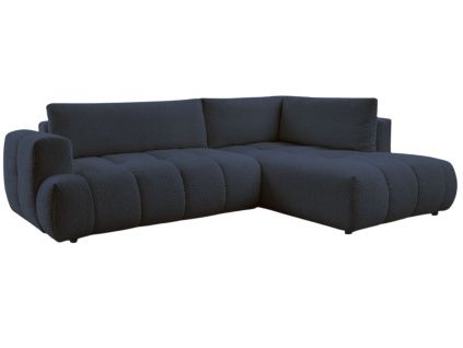 Tmavě modrá bouclé rohová rozkládací pohovka Fuji 282 cm, pravá