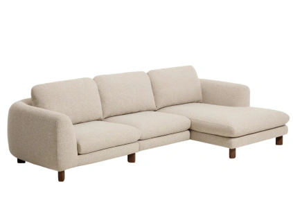 Béžová čalouněná rohová pohovka Kave Home Vera 322 cm s ořechovou podnoží, pravá