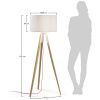 Bílá bavlněná stojací lampa Kave Home Iguazu 157 cm s borovicovou podstavou